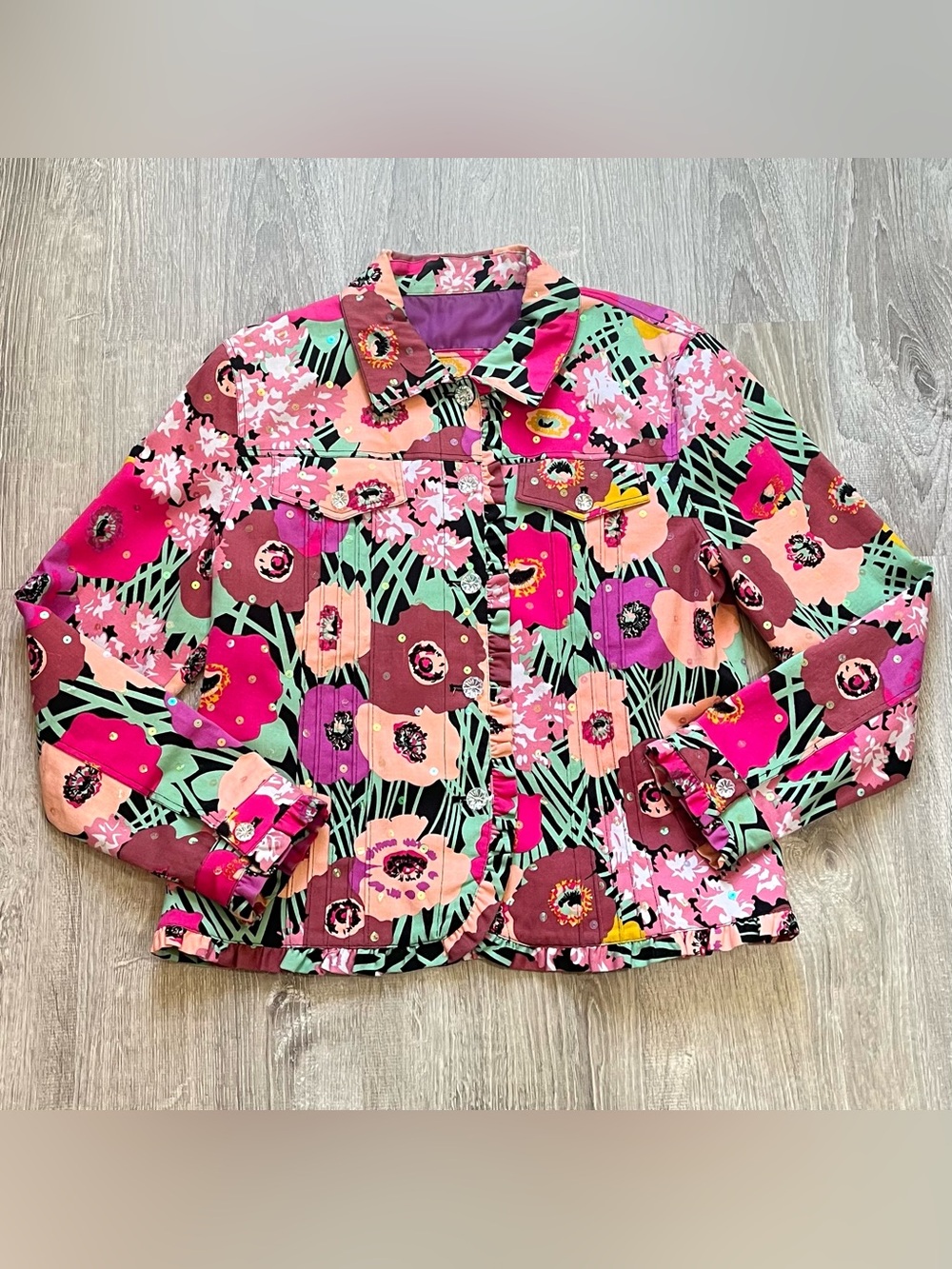 Vintage Redd Jeans Size 8 Medium Pink Purple Black Floral Cotton Blazer Jacket